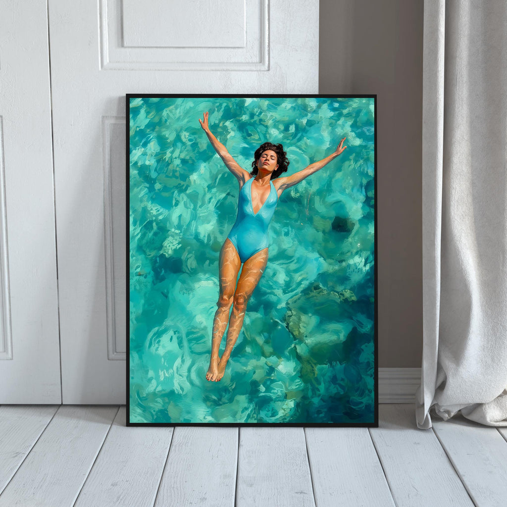 Peaceful brunette in deep V-neck swimsuit, basking supine on shallow aquamarine waves, limbs spread wide.