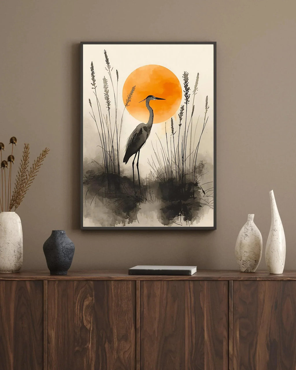 Watercolor Heron Art Print: Japanese Style Sunrise Poster - AffinityArts 