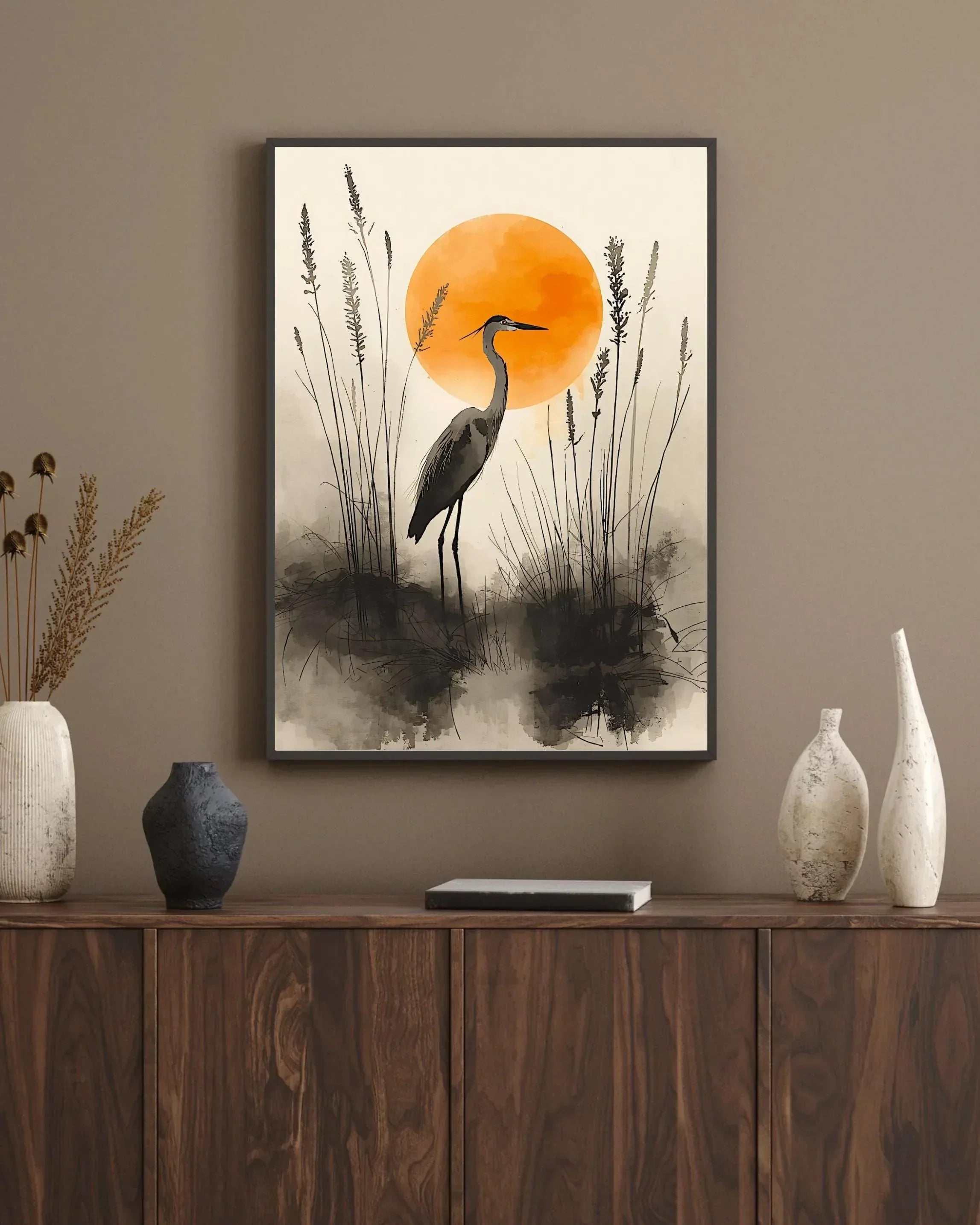 Watercolor Heron Art Print: Japanese Style Sunrise Poster - AffinityArts 