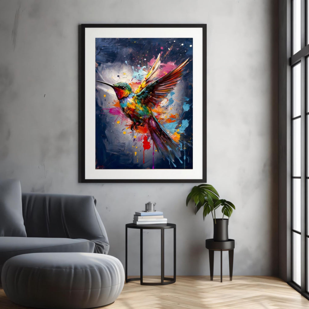 Colorful Hummingbird Wall Art Print, Blue Background, Premium Paper Poster, Canvas Print, Digital Download AffinityArts