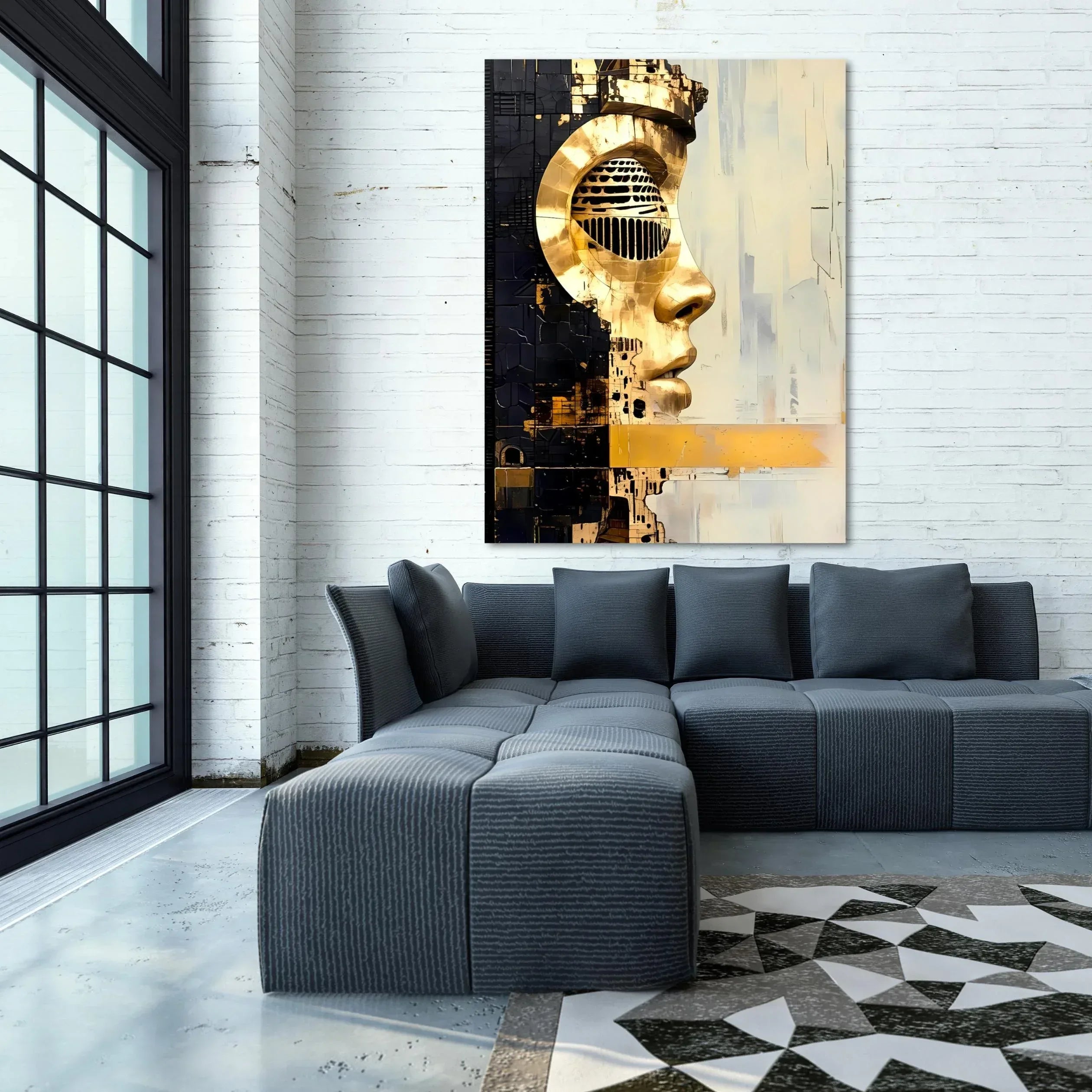 Modern Abstract Wall Art – Futuristic Golden Face Canvas, Cyberpunk Metal Texture Portrait Print - AffinityArts 