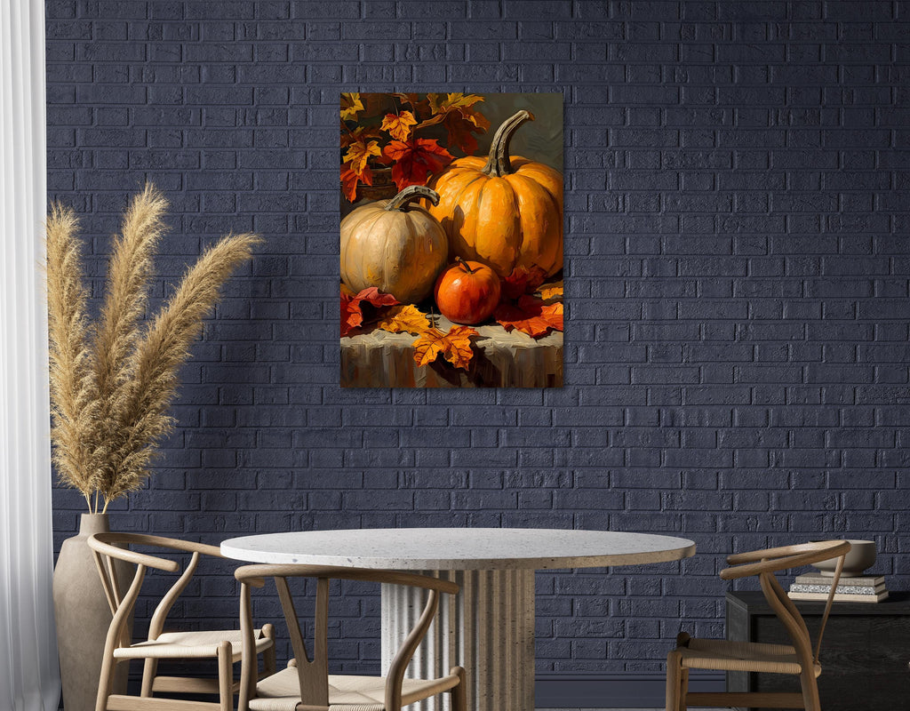 Warm harvest-themed artwork with pumpkins, apple, and golden fall leaves.