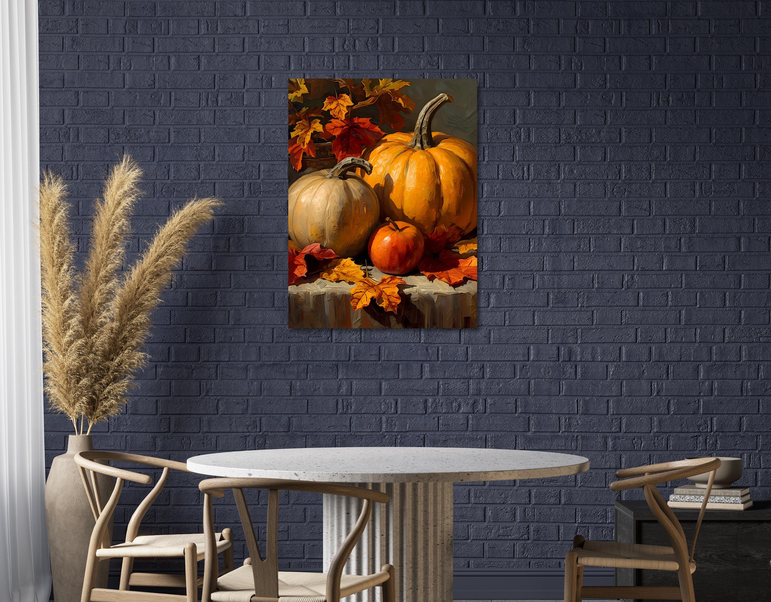 Warm harvest-themed artwork with pumpkins, apple, and golden fall leaves.