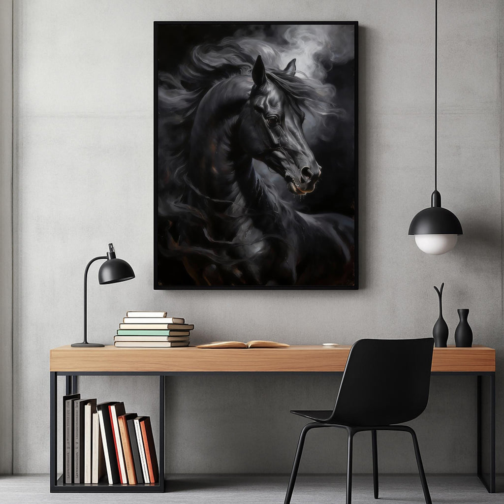 Mysterious black horse emerging from darkness, with silky mane flowing in motion
