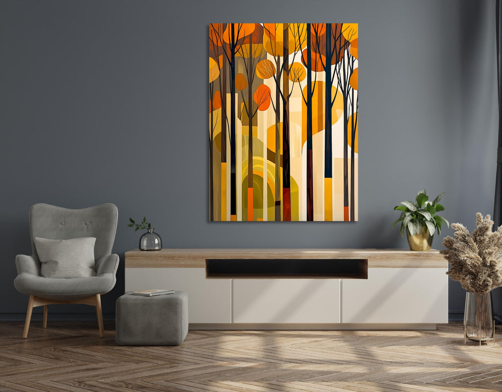 Abstract woodland landscape with tall trees, golden foliage, and soft layered background.