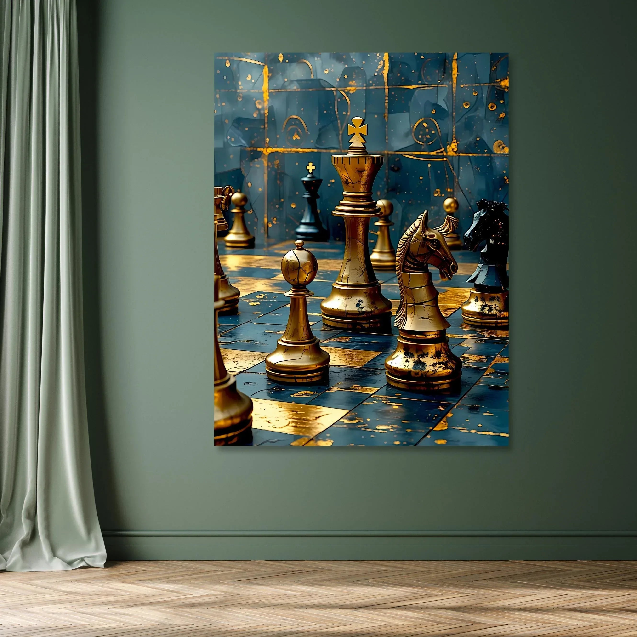 Teal and Gold Chess Canvas Art: Luxury Game Room Decor - AffinityArts 