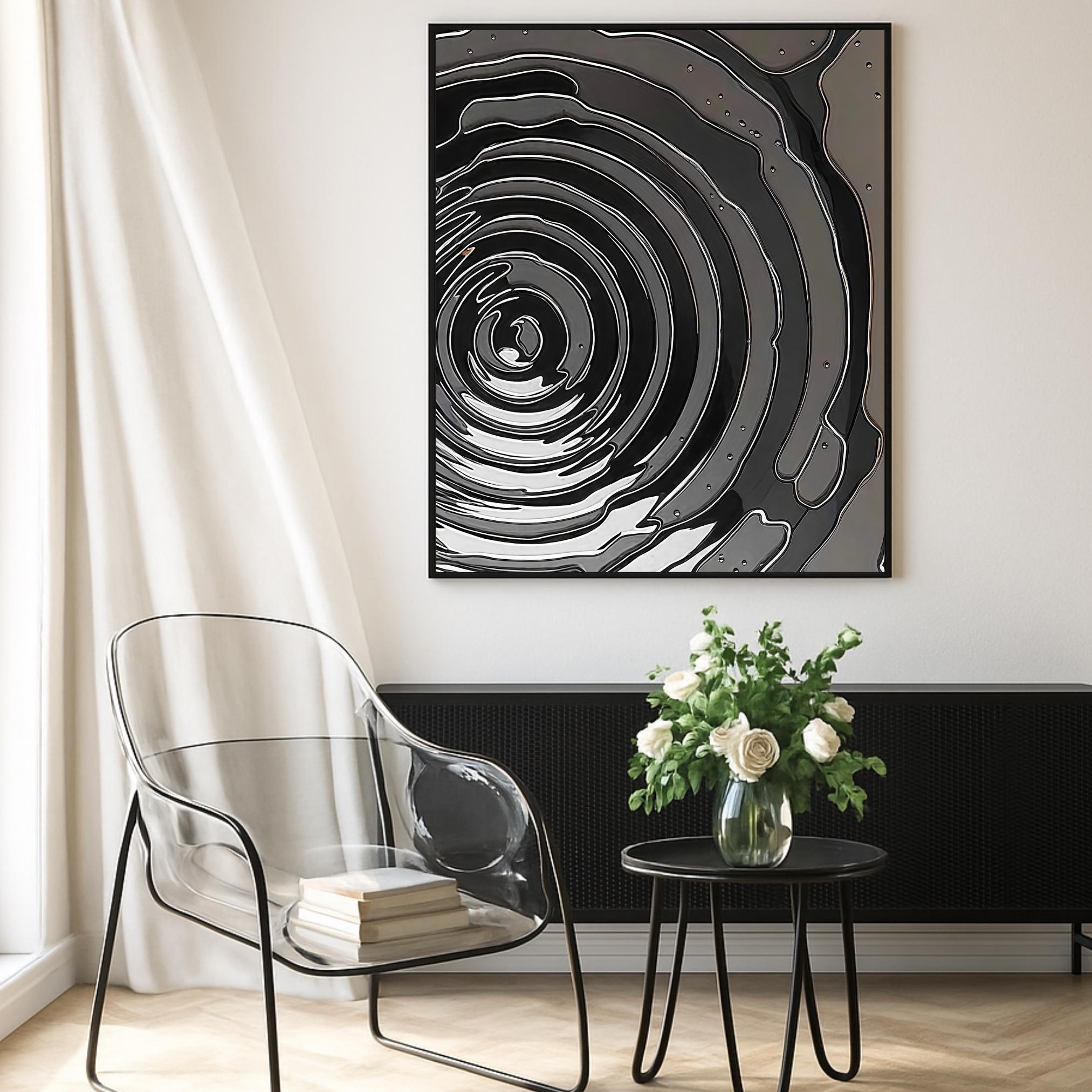 Abstract 3D layered topography in shades of gray resembling whirlpool or vortex
