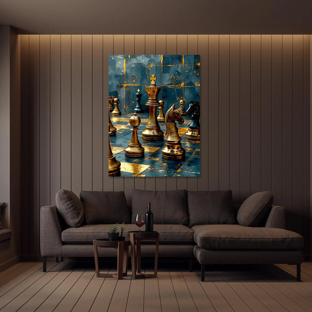 Teal and Gold Chess Canvas Art: Luxury Game Room Decor - AffinityArts 