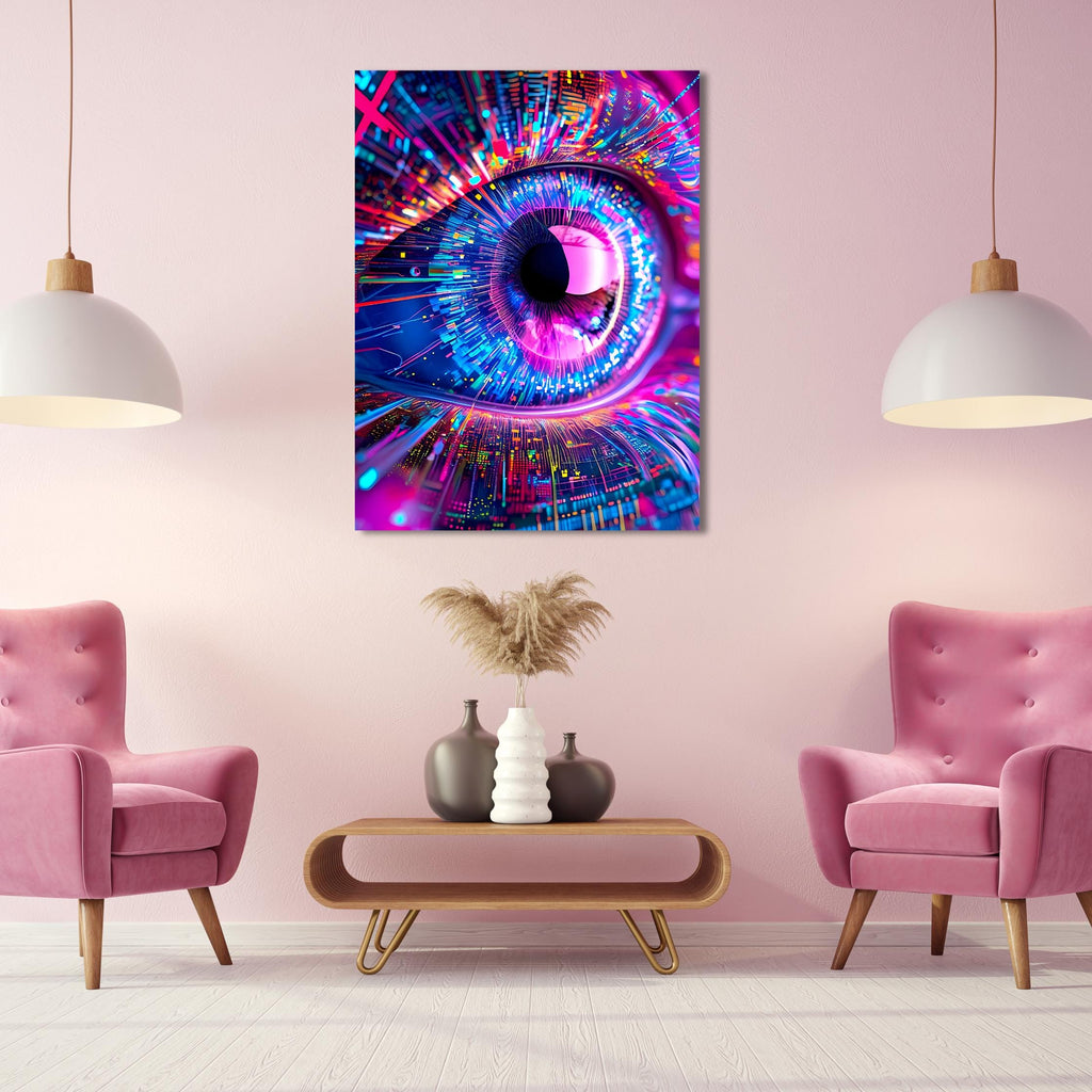 AI Vision Wall Art - Abstract Futuristic Eye Canvas Print in Neon Tech Style