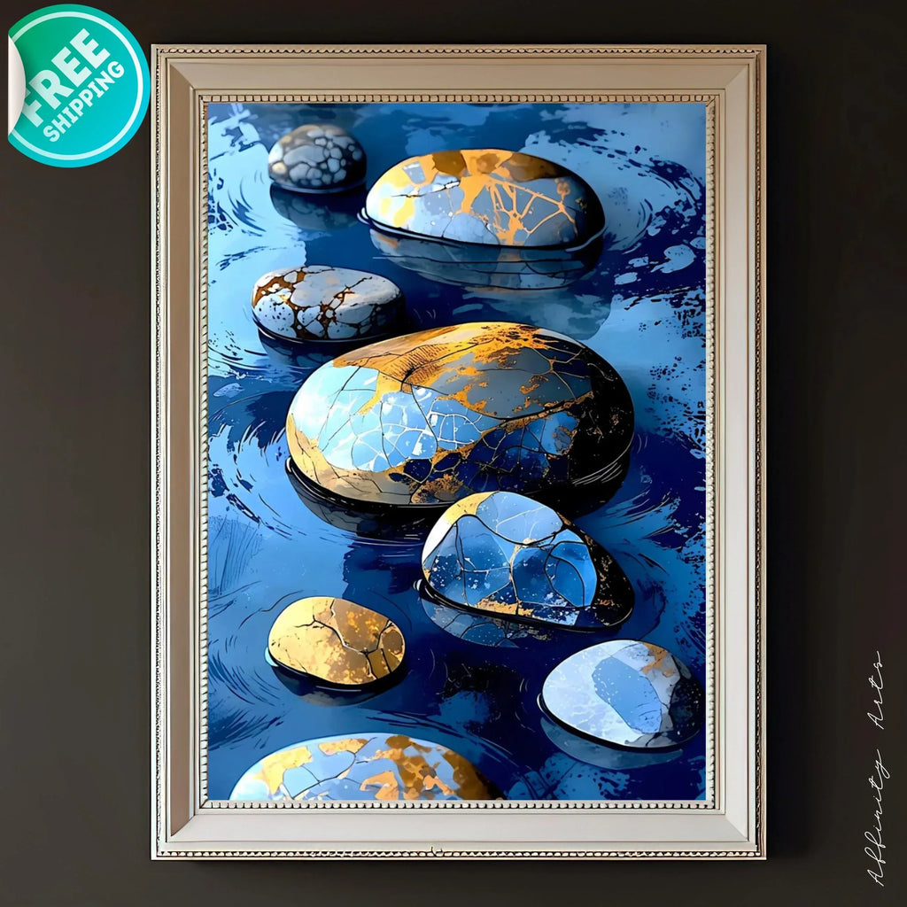 Kintsugi Stone Wall Art - Blue Gold Zen River Rocks Canvas Print - AffinityArts 