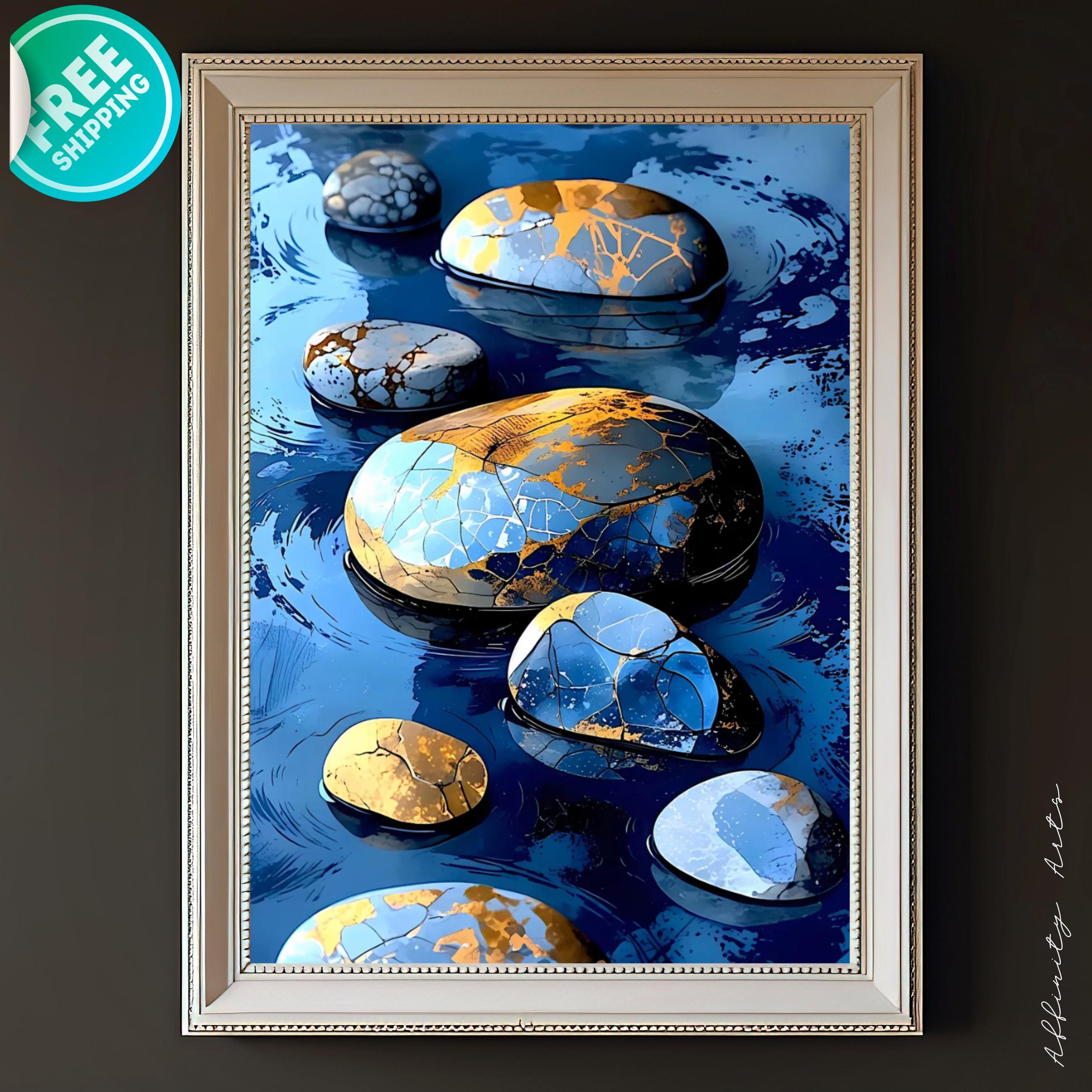 Polished blue and white marbled stones with shimmering gold kintsugi veins resting in deep blue rippling water