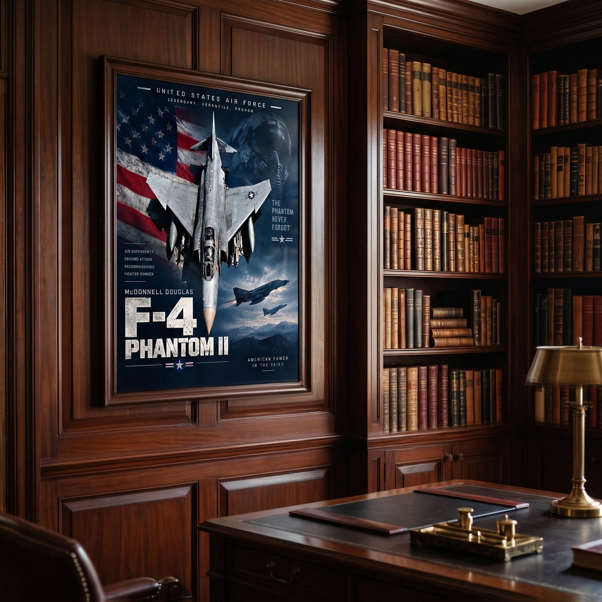 Close-up of the bold “F-4 PHANTOM II” title typography on a navy poster