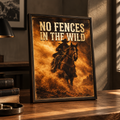 Cowboy on a galloping horse through desert dust, "No Fences in the Wild" western poster print