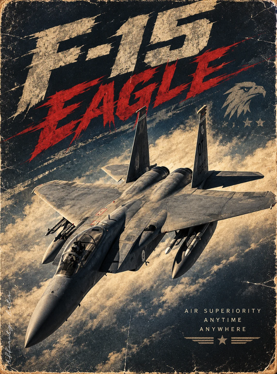 Eagle head emblem and stars in the upper right corner of the F-15 Eagle poster, military wall art detail