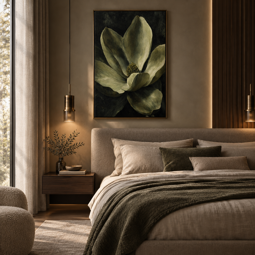 Magnolia Wall Art, Dark Moody Botanical Print, Olive Green Floral Poster or Stretched Canvas
