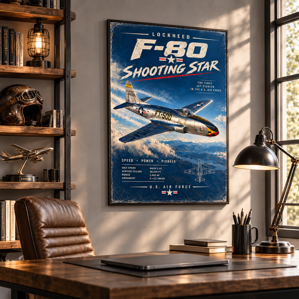 Lockheed F-80 Shooting Star vintage aviation poster featuring a polished silver U.S. Air Force jet flying above mountains and clouds