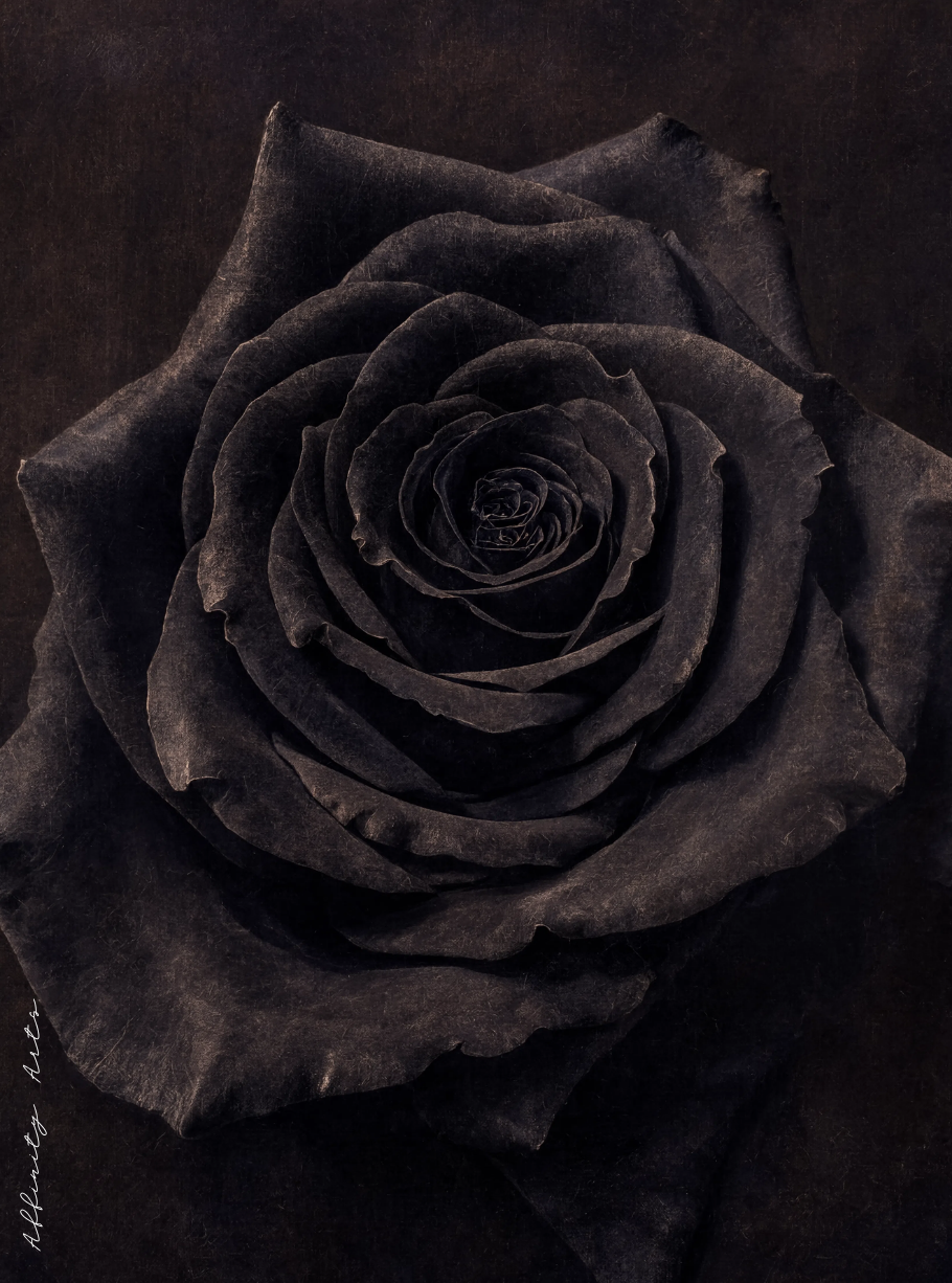 Detail of layered rose petals with curled edges and bronze highlights on a dark brown background