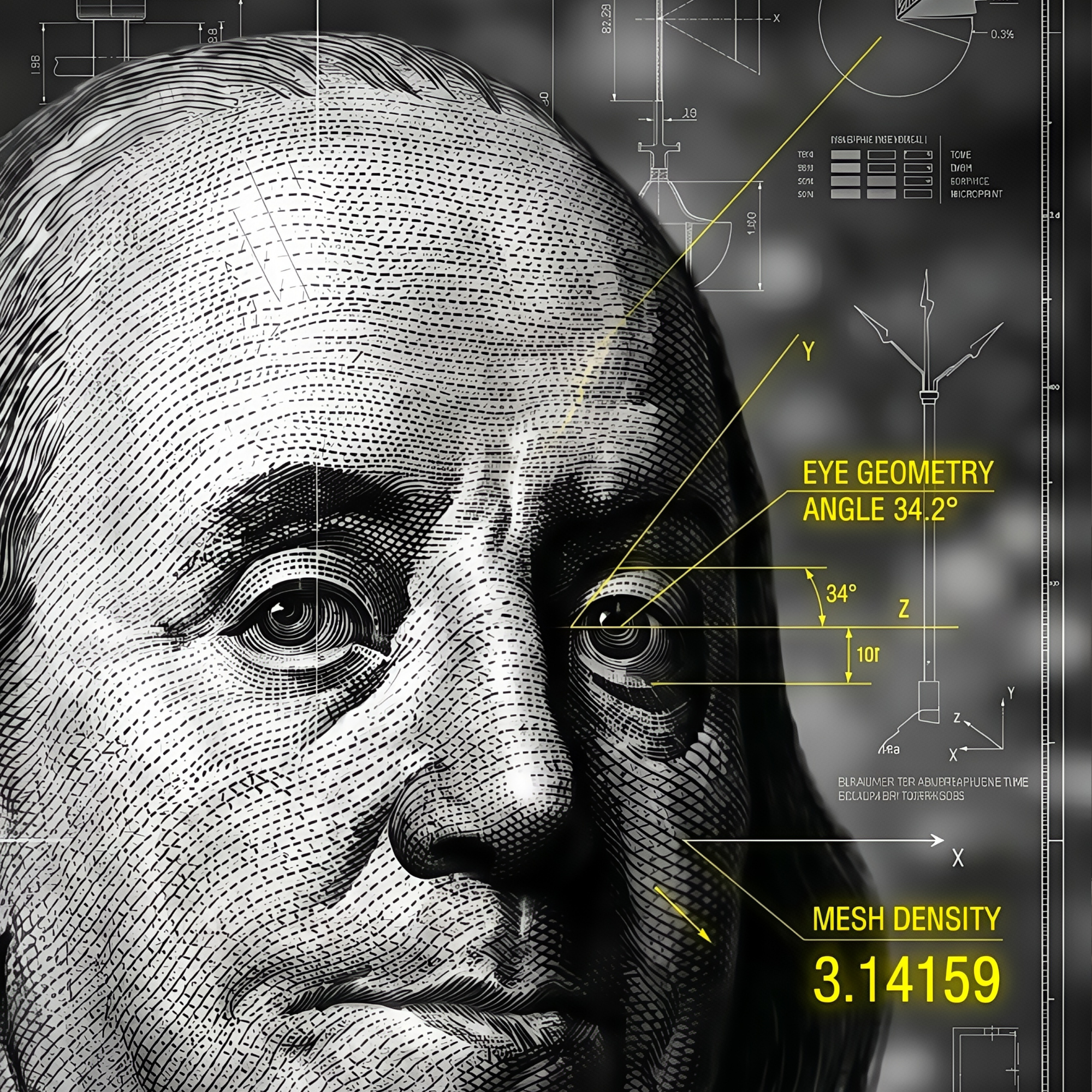 Benjamin Franklin blueprint art print – technical engraving portrait, dark wall art for office decor