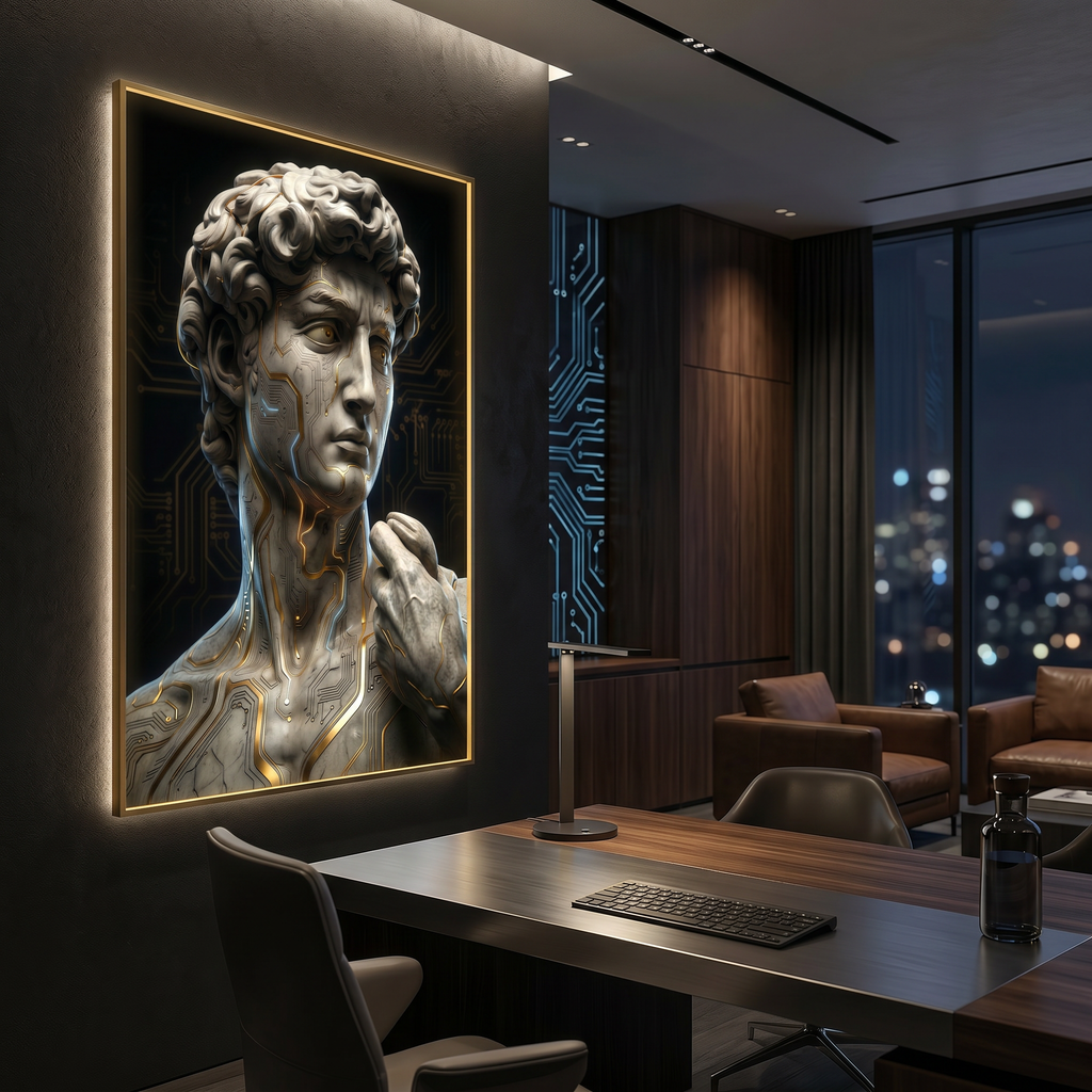 Office wall art that stops the scroll — David statue mythology meets futuristic gold circuit decor