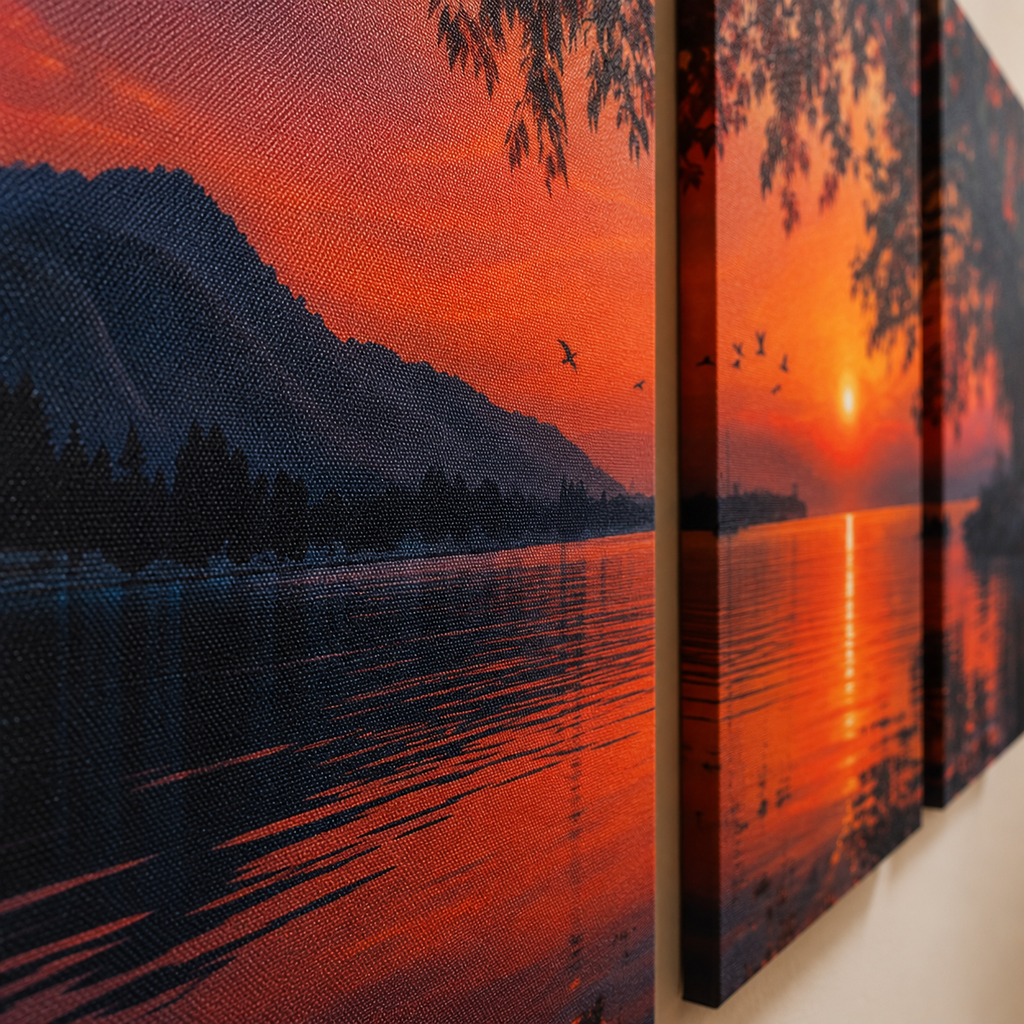 Sunset lake triptych canvas wall art, autumn mountain landscape print, 3 piece set for living room