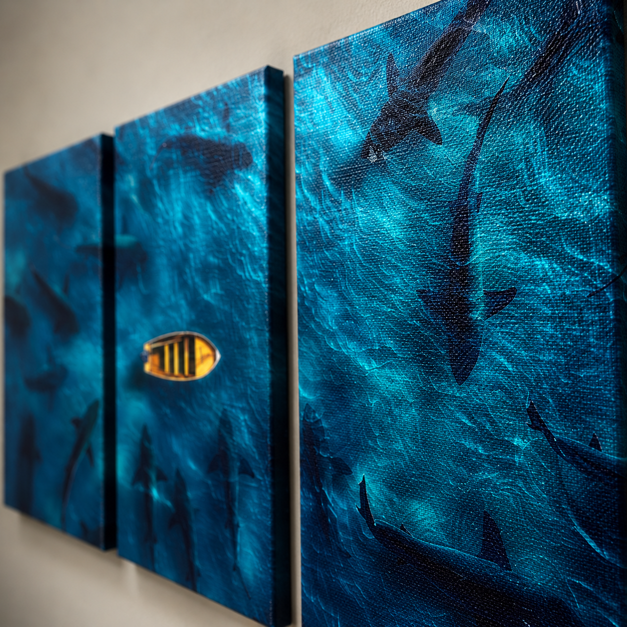 Canvas: stretched canvas shark triptych art — gallery wrap 3 panel set, ready to hang