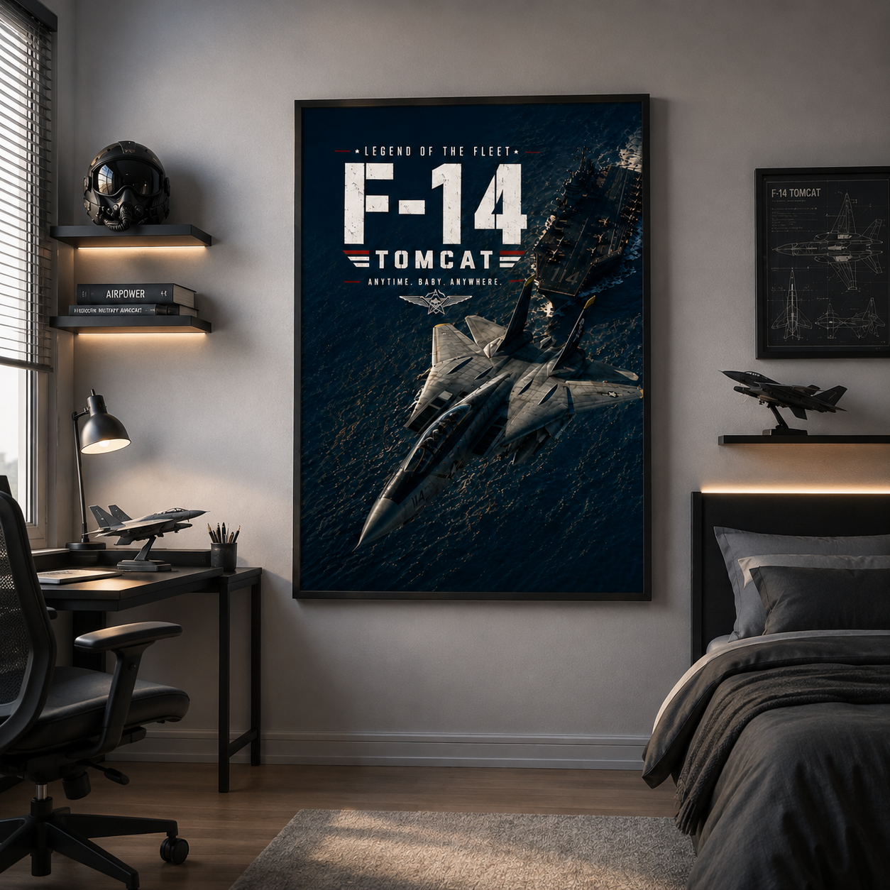 Man cave wall art bringing calm focus and history to a bedside wall