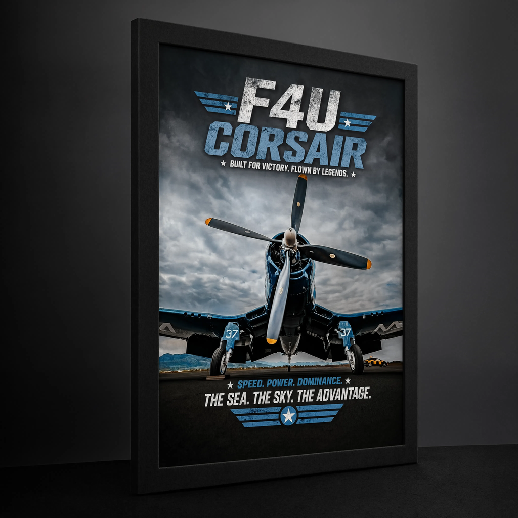 F4U Corsair print detail showing aircraft nose art and propeller