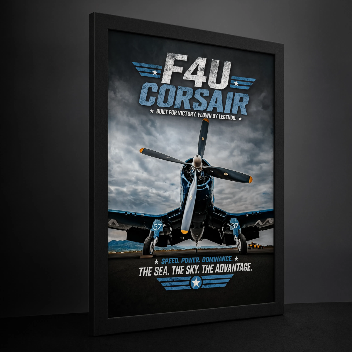 F4U Corsair print detail showing aircraft nose art and propeller