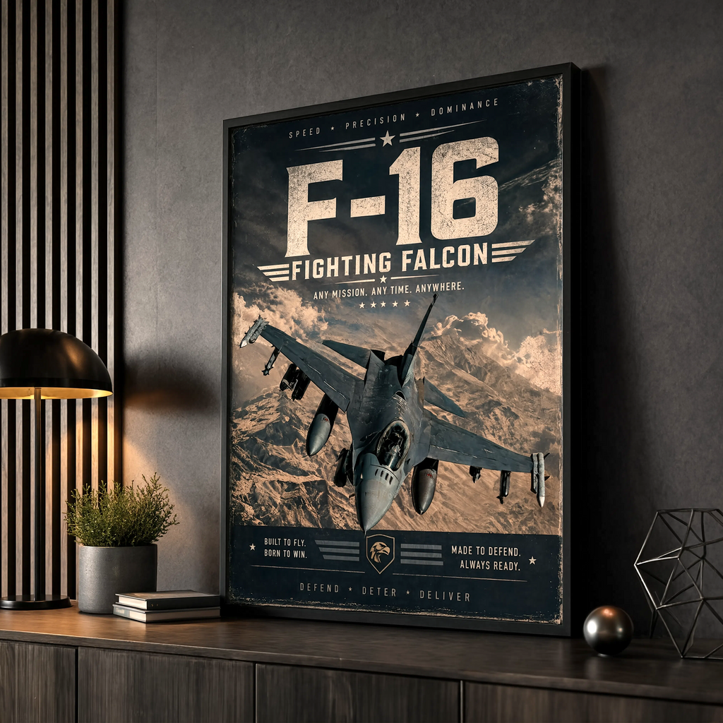 F-16 Fighting Falcon fighter jet poster - vintage military aviation wall art print for office or veteran gift