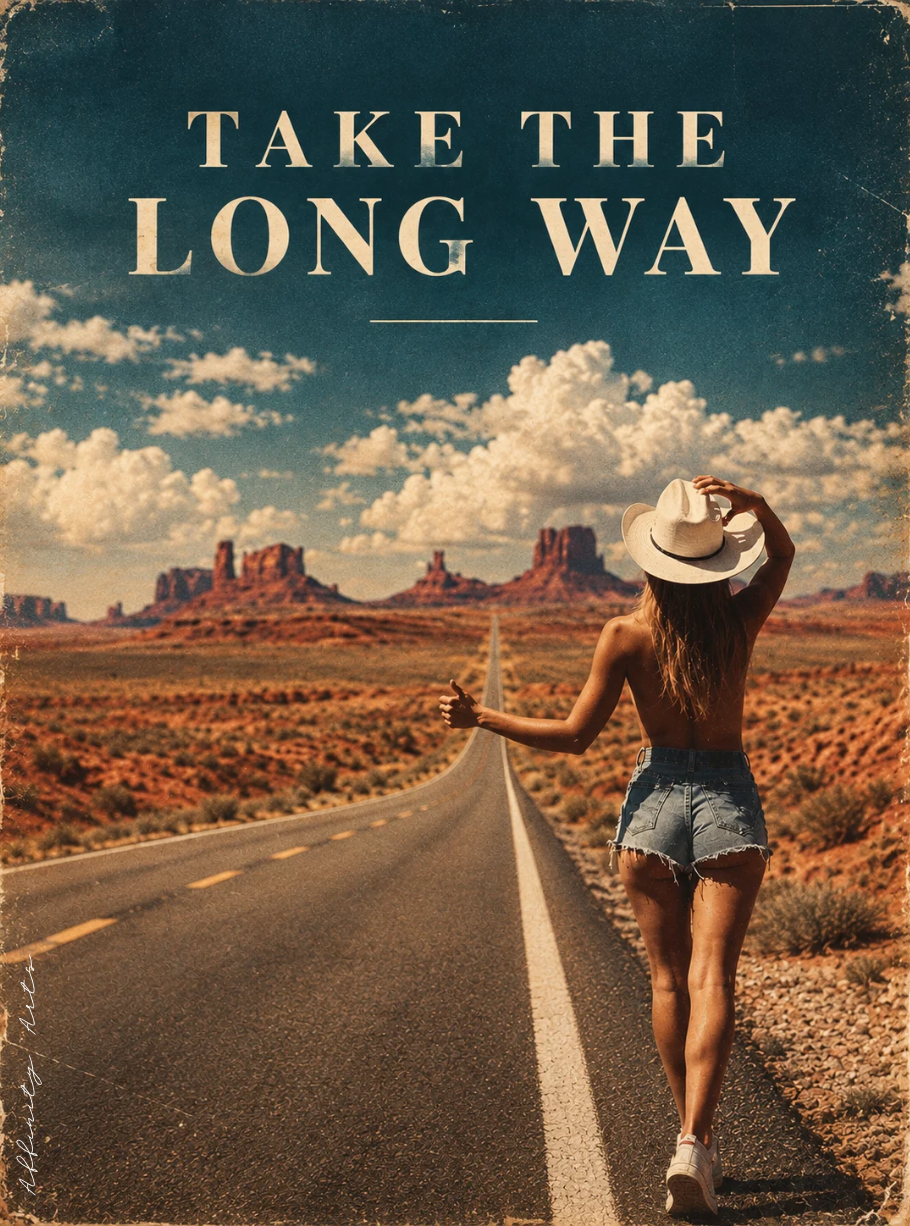 Warm sun-faded desert landscape art with orange sand, red rock formations and a vanishing-point road