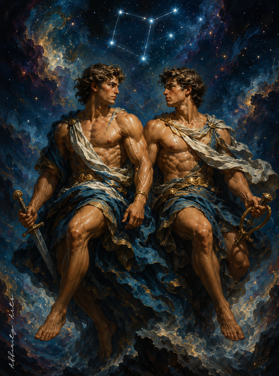 Gemini art wall decor — mythological twins in a cosmic astrology scene
