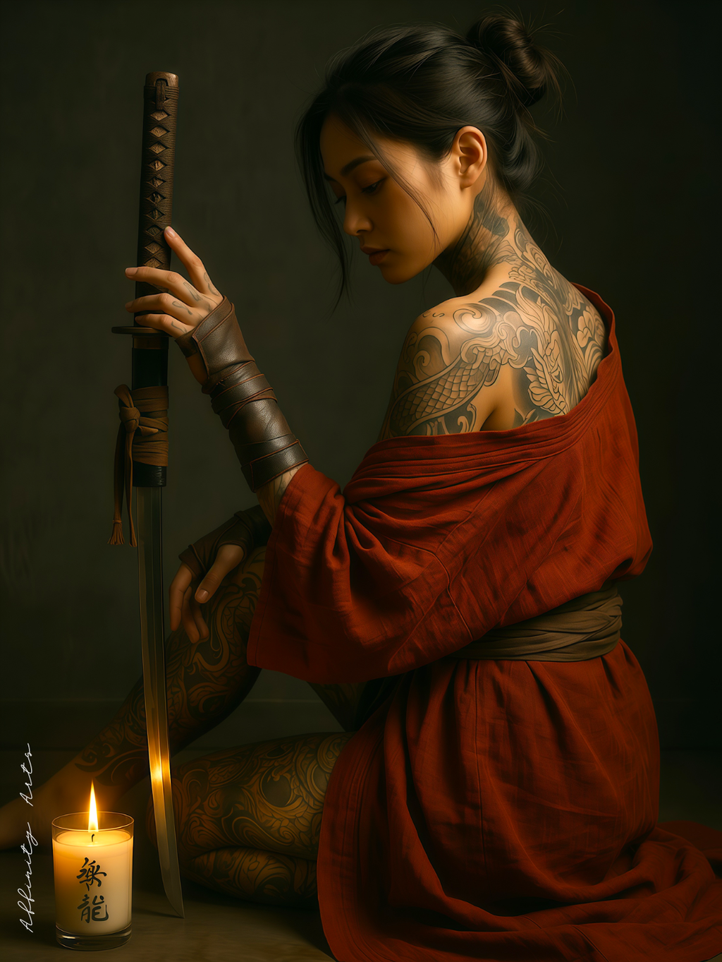Samurai woman kneels in candlelight, blade held upright like an offering — japanese art print for dark moody interiors