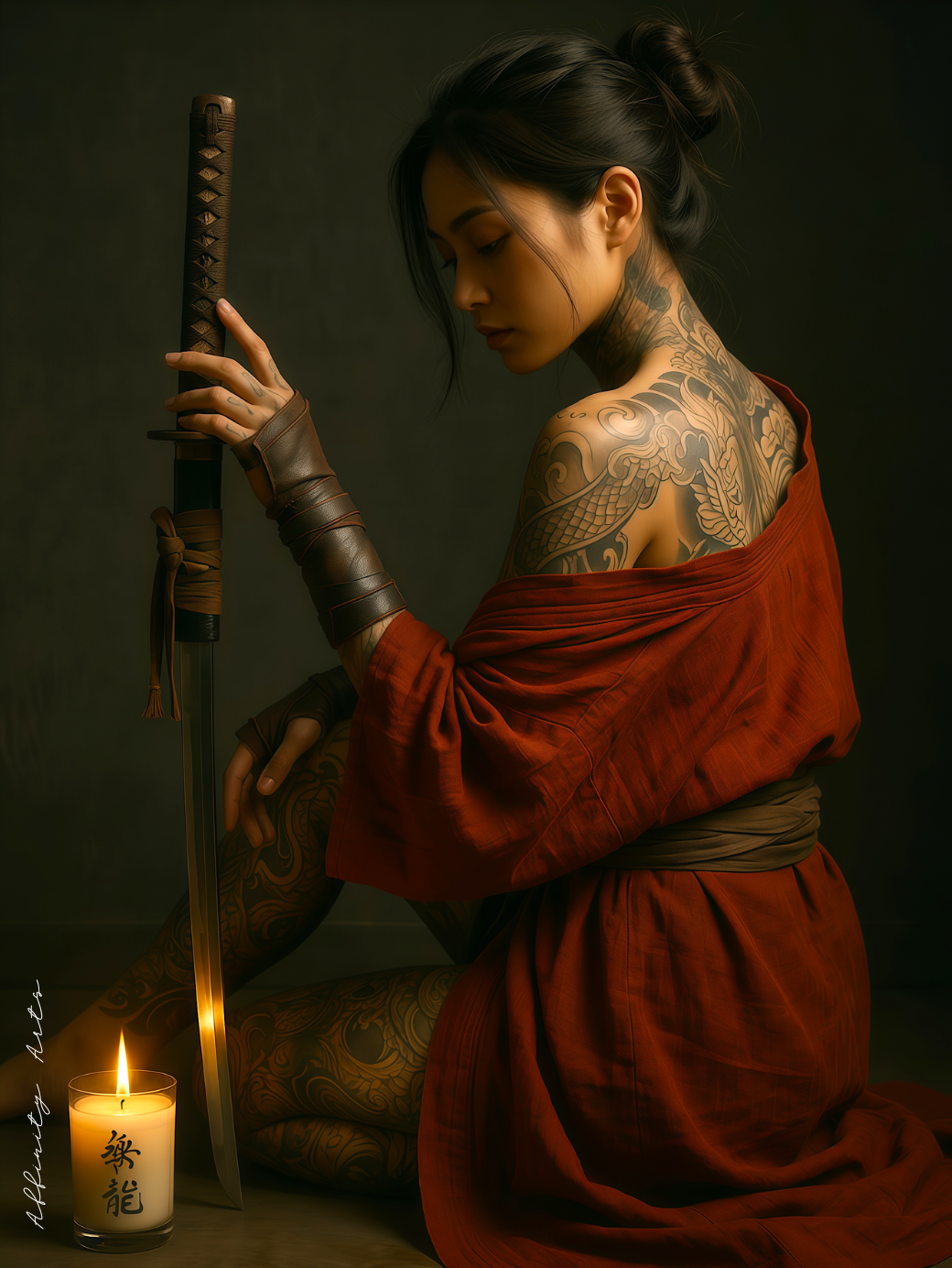 Samurai woman kneels in candlelight, blade held upright like an offering — japanese art print for dark moody interiors