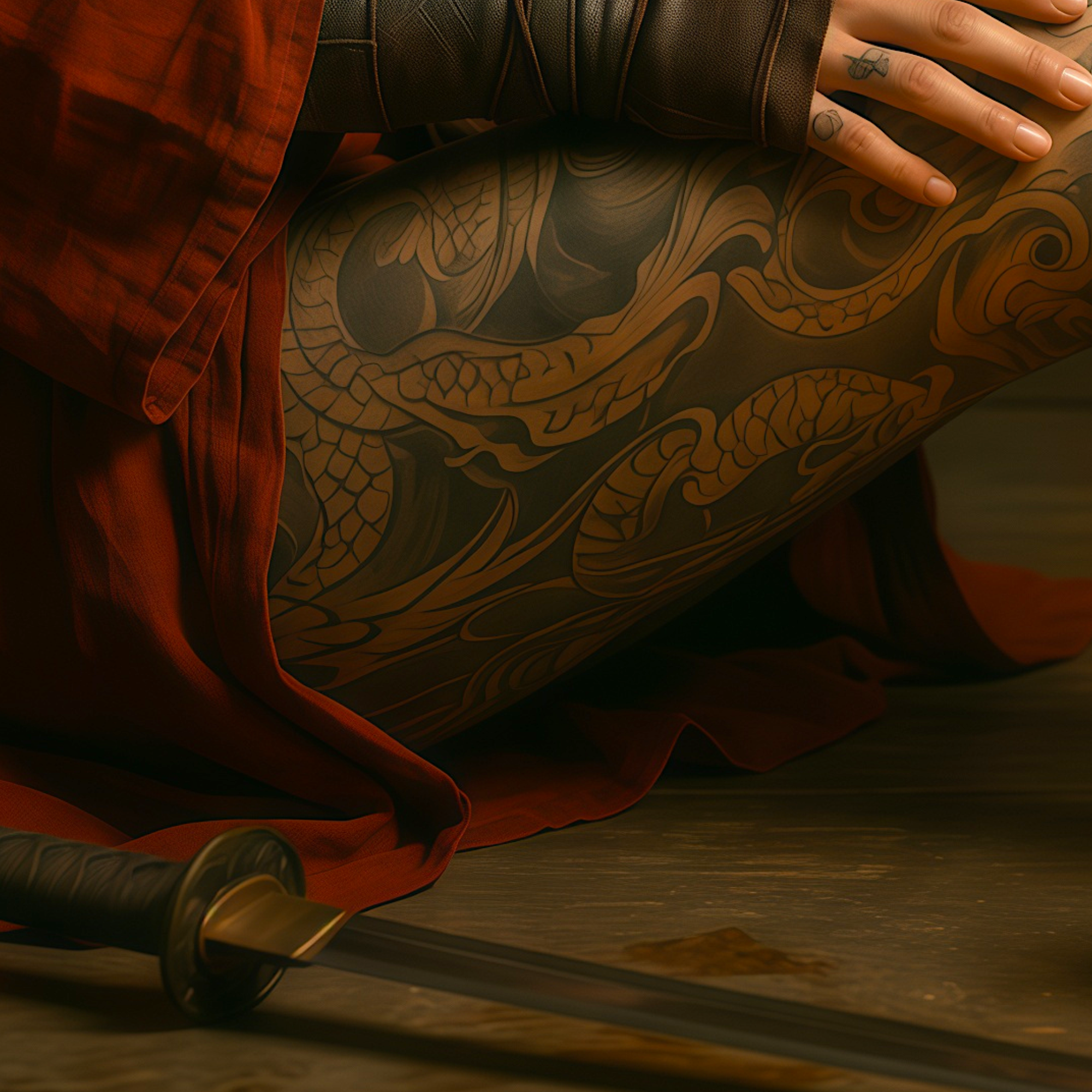 Dragon tattoo art detail — full body irezumi on warrior woman, samurai art print, archival matte poster
