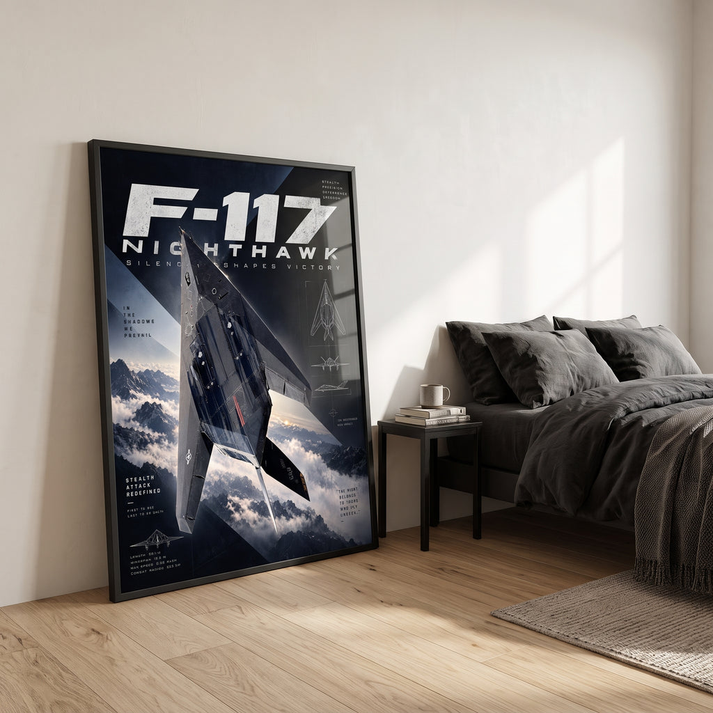 Large distressed white “F-117 NIGHTHAWK” title typography on a dark navy background