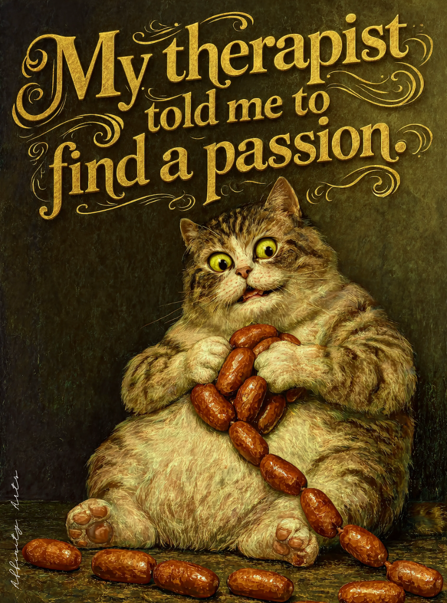 Funny fat cat clutching sausages under gold vintage text, kitchen wall art print