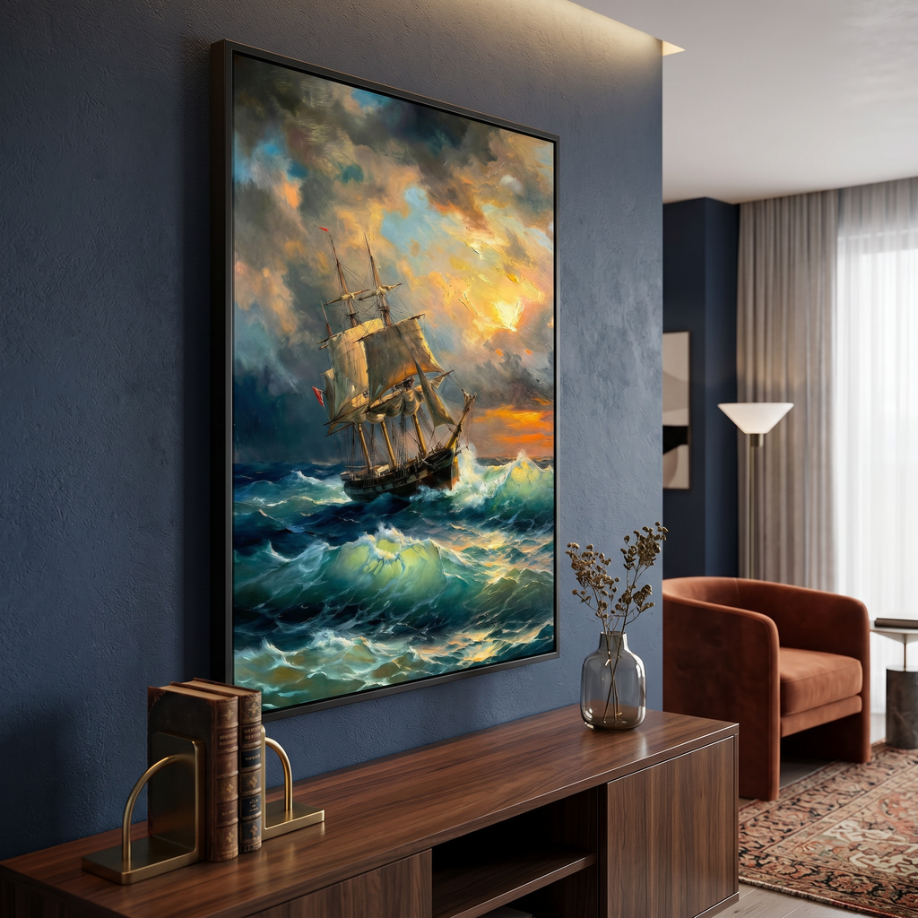 dramatic sailing ship in stormy sea at sunset wall art