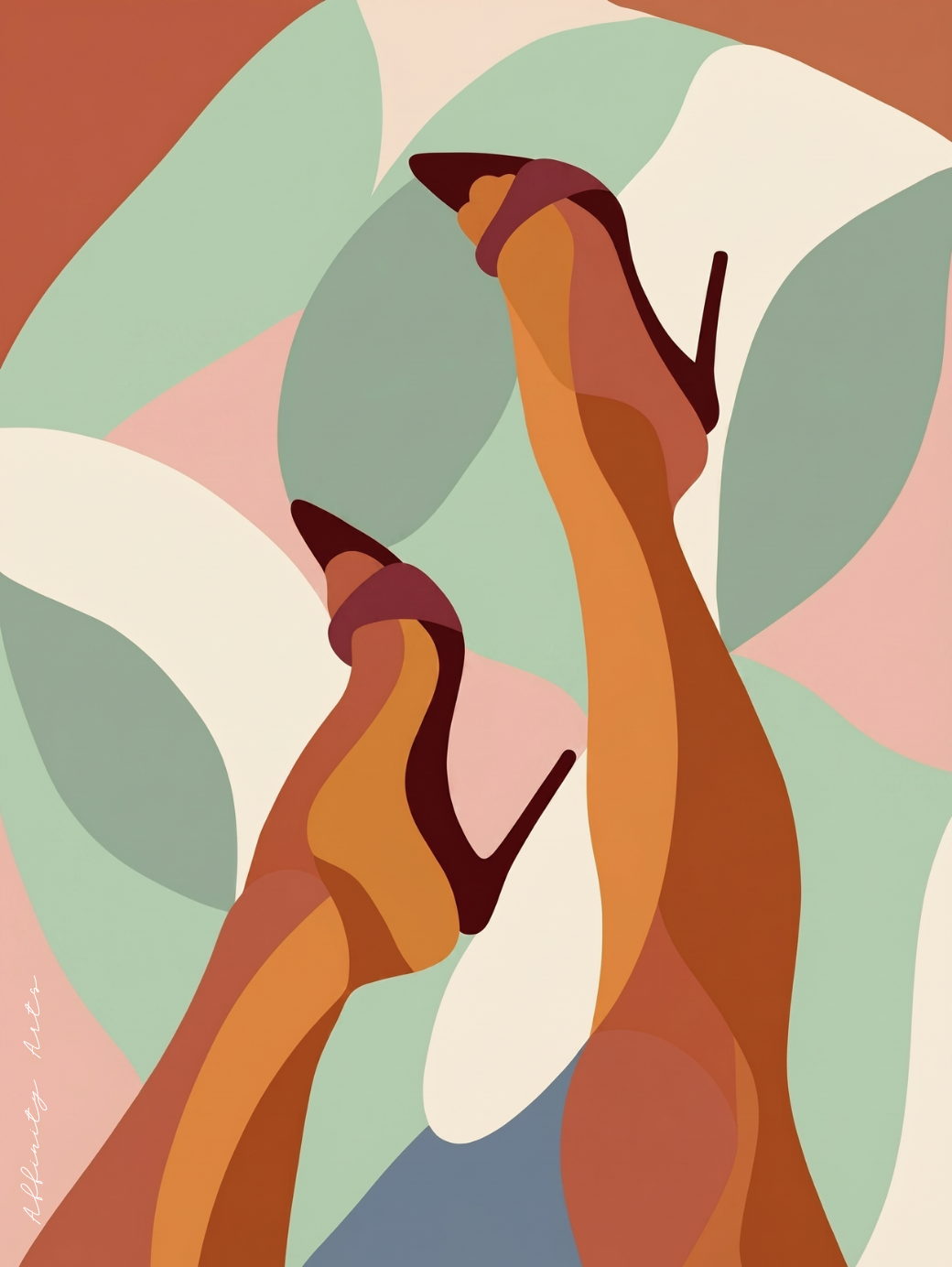 Bold abstract print — woman's legs in heels, flat graphic composition, earthy terracotta and sage palette