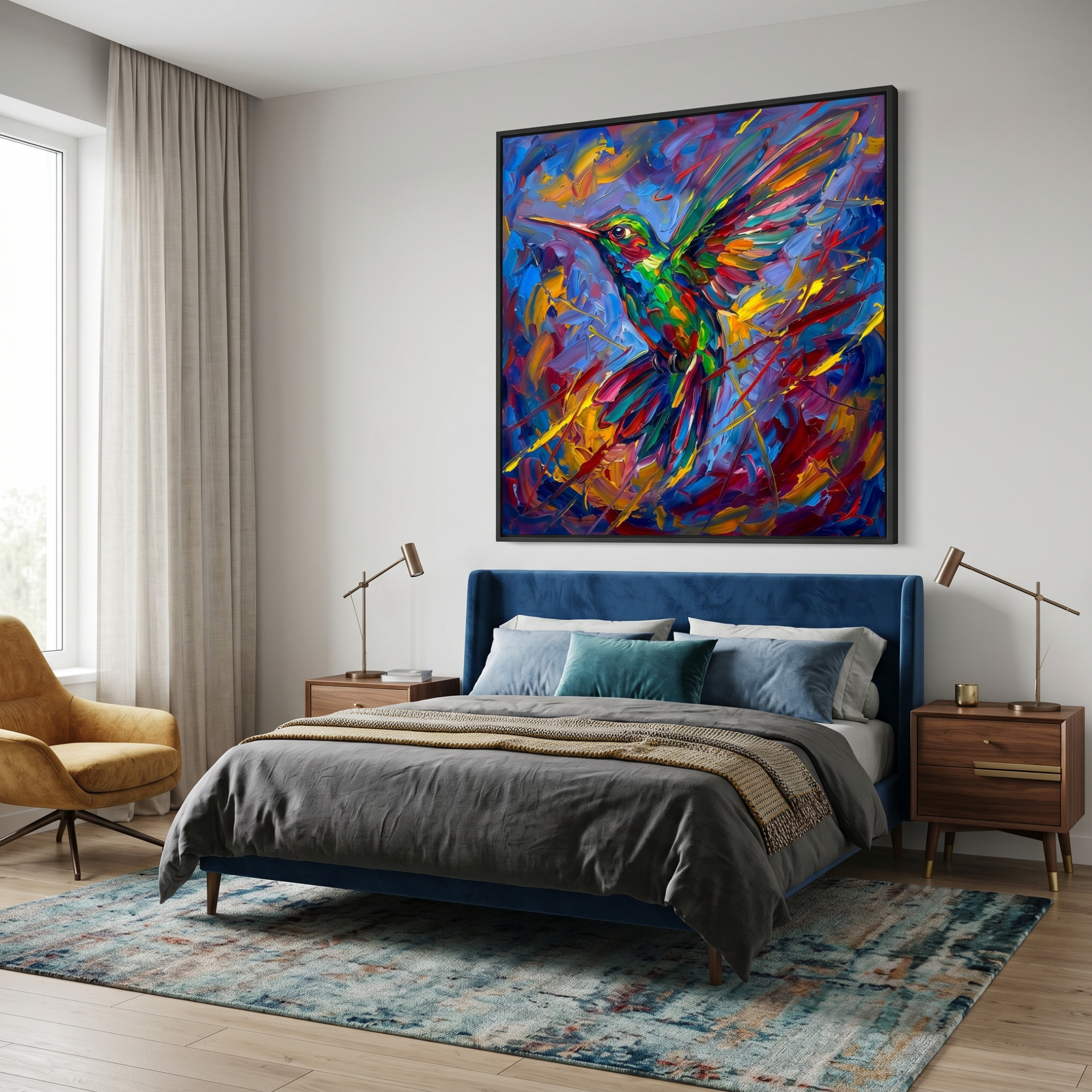 Hummingbird wall art above bed — charged color and motion, bedroom nature print that holds the whole room