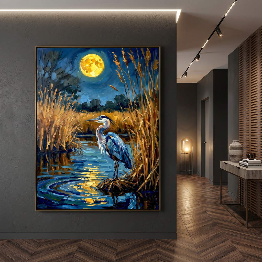 Amber moon, dark reeds, still water — bird art print with the feeling of a night you didn't want to end.