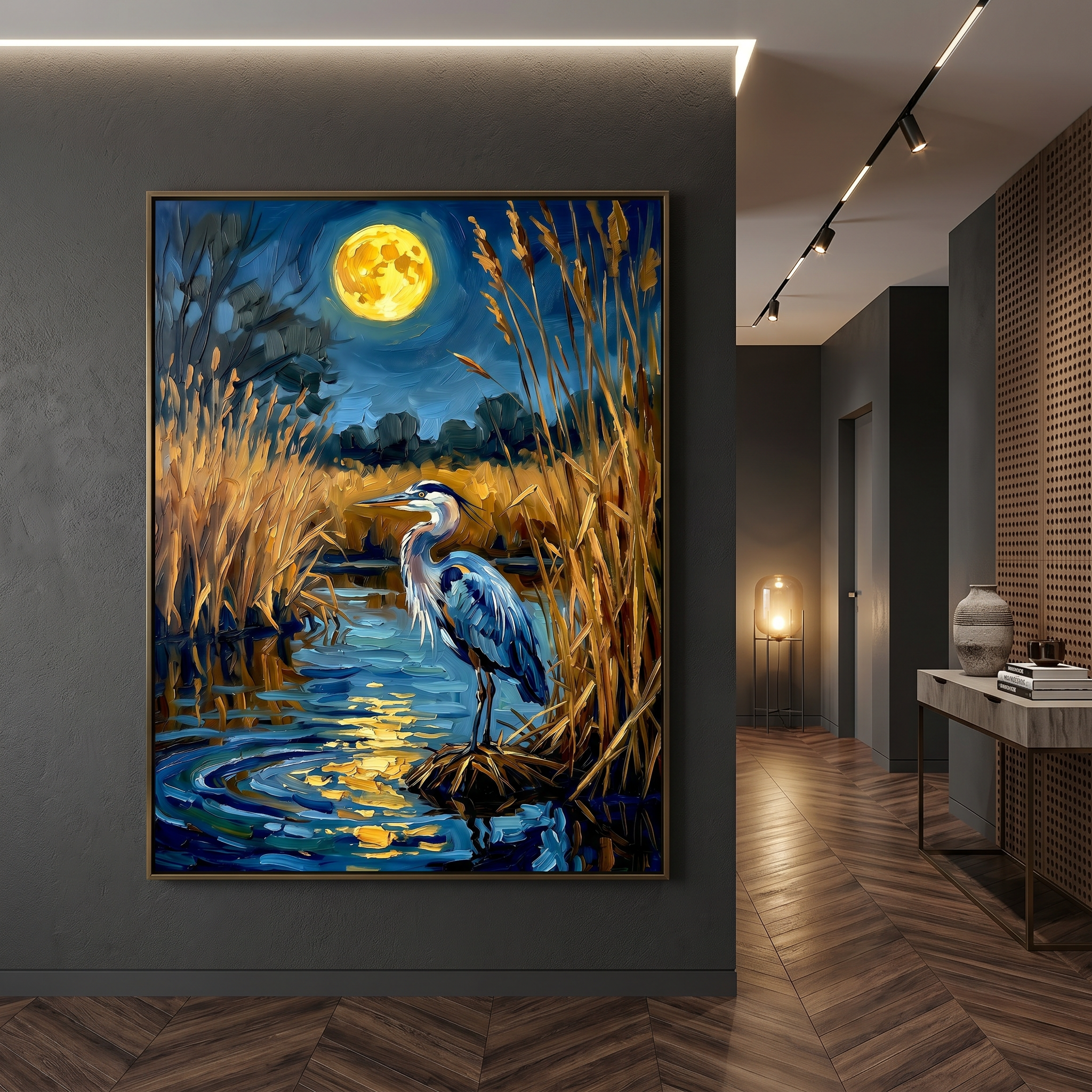 Amber moon, dark reeds, still water — bird art print with the feeling of a night you didn't want to end.