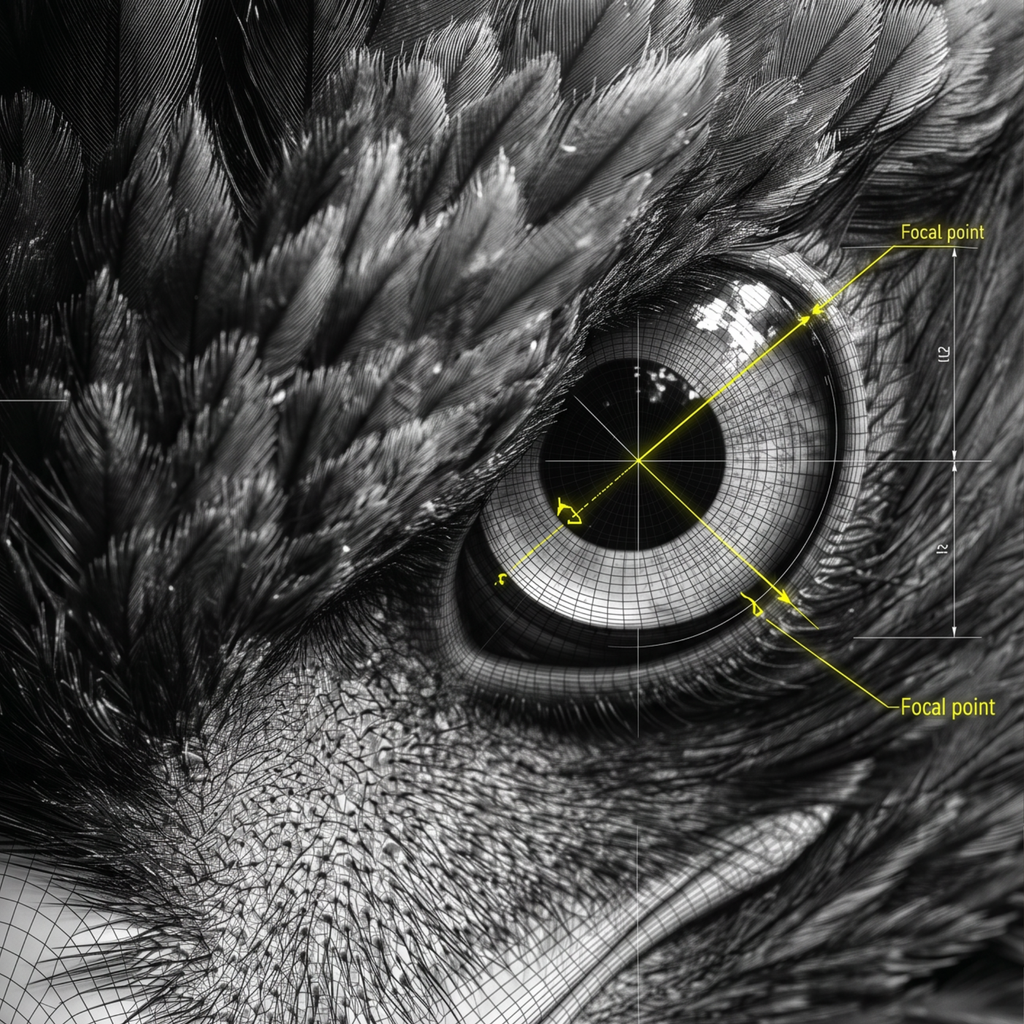 Eagle anatomy poster — optic sensor diagram on black and white raptor eye, archival matte print