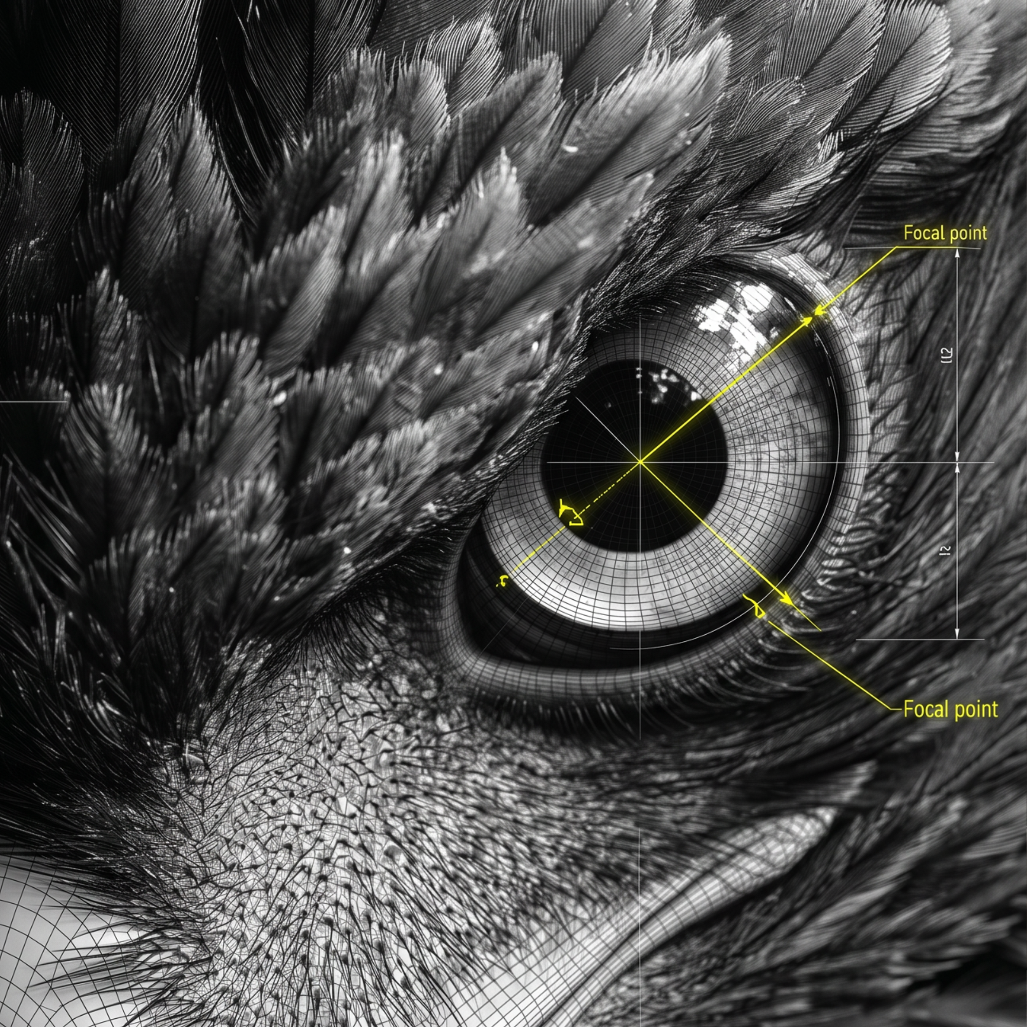 Eagle anatomy poster — optic sensor diagram on black and white raptor eye, archival matte print
