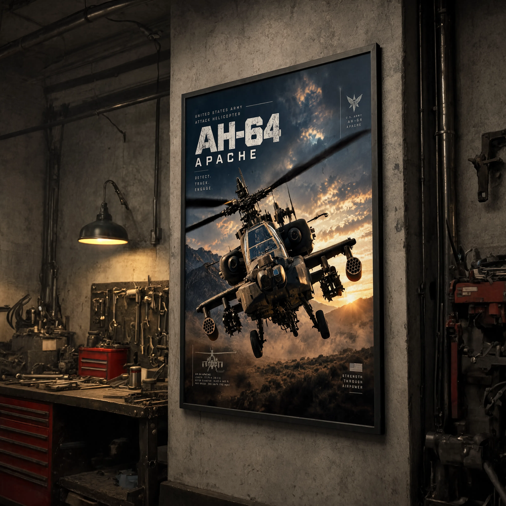 Military gifts wall art print showing Apache helicopter artwork