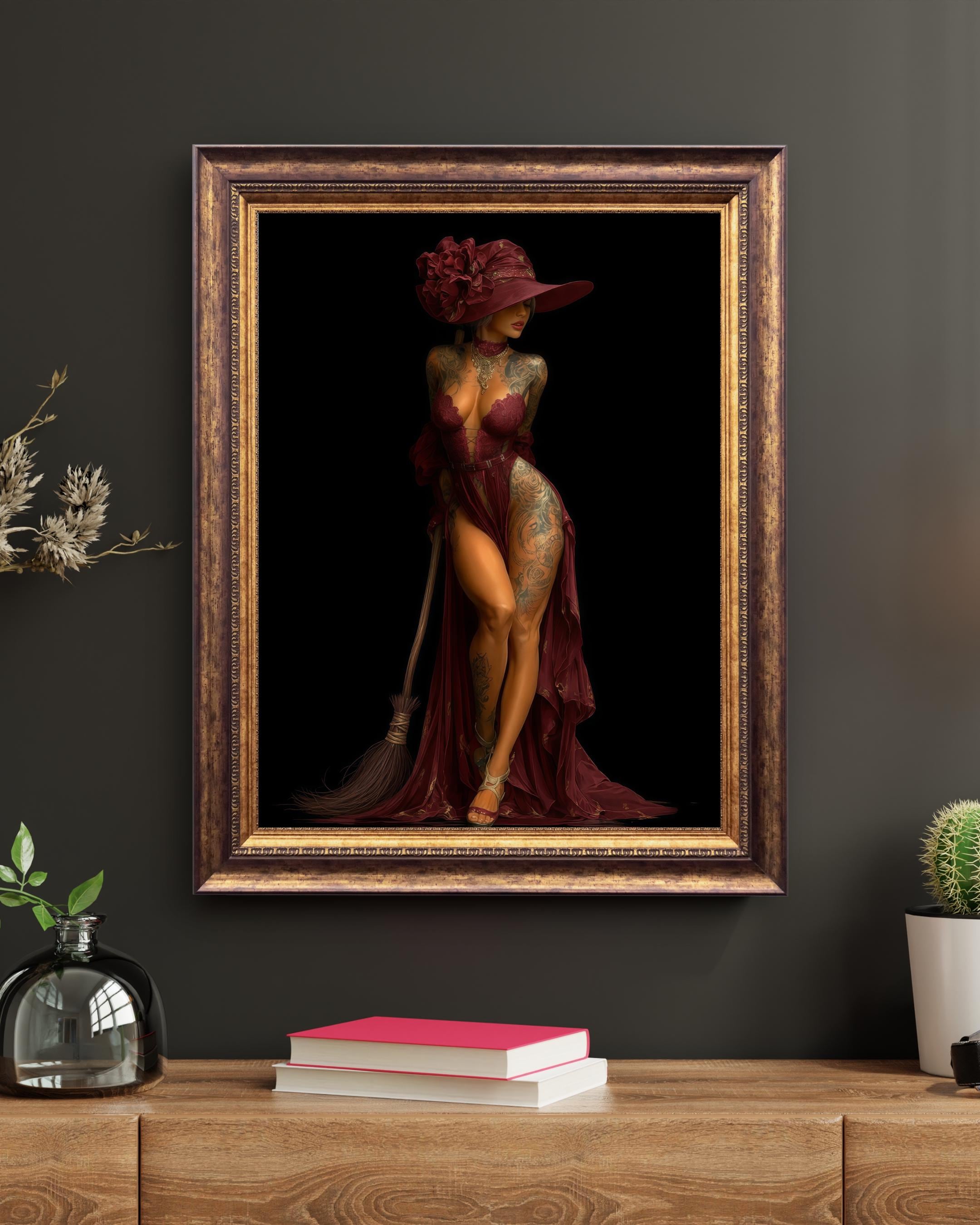 Digital art of an alluring brunette witch with intricate tattoos, wearing lace corset and sheer gown in deep red, oversized hat, broom in hand, elegant stance.