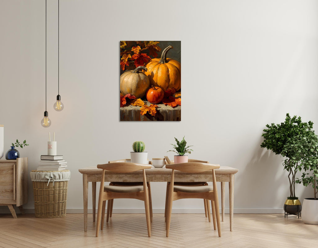 Painterly fall composition with pumpkins and apple among red and orange leaves.