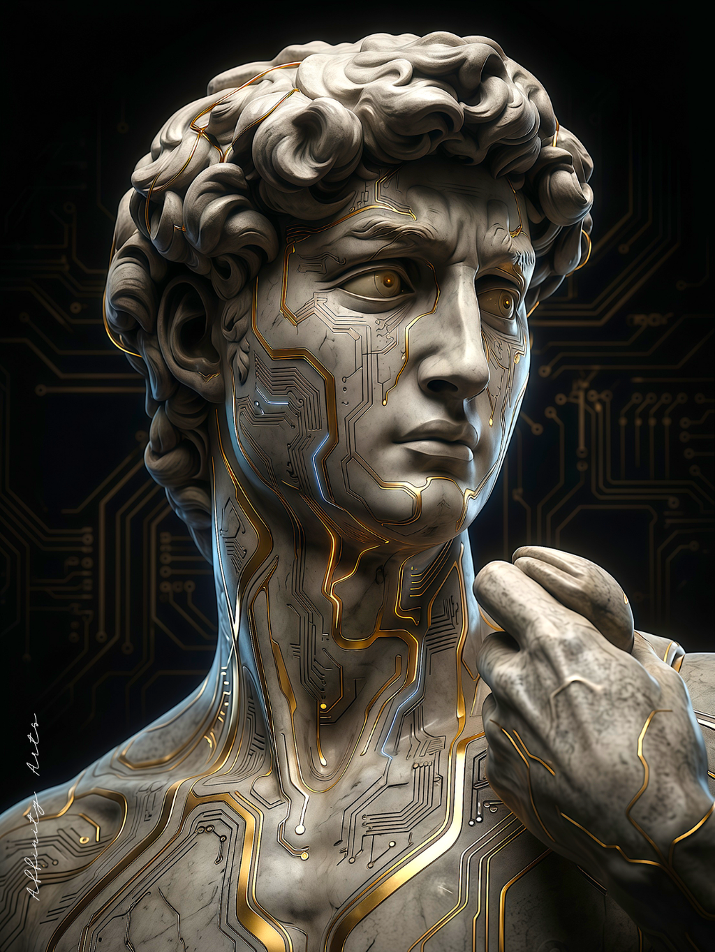 Premium matte poster — greek statue cyberpunk print, archival ink 250gsm, close-up detail