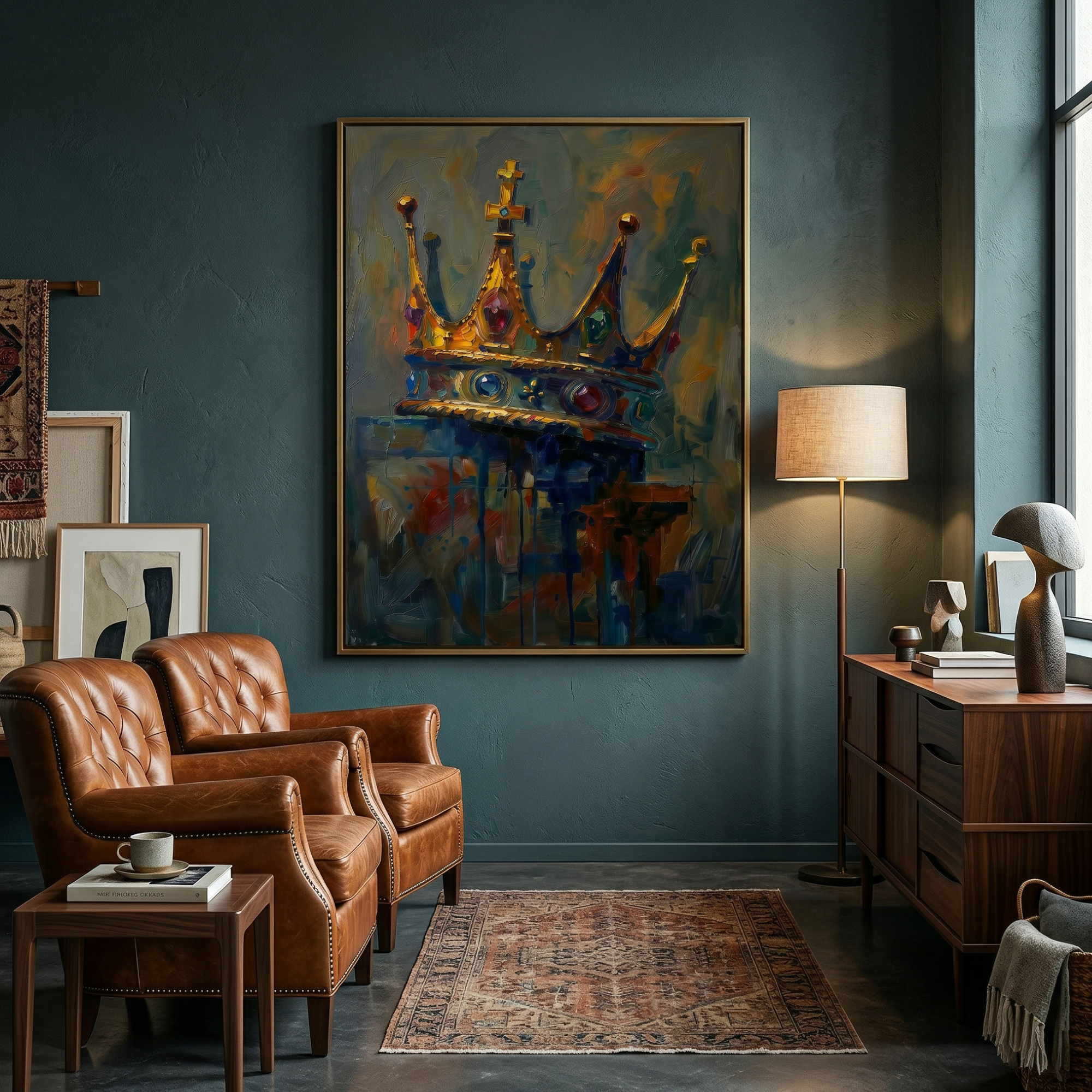 Bold oil painting of a king's crown with cross topper, rich gold and deep navy tones