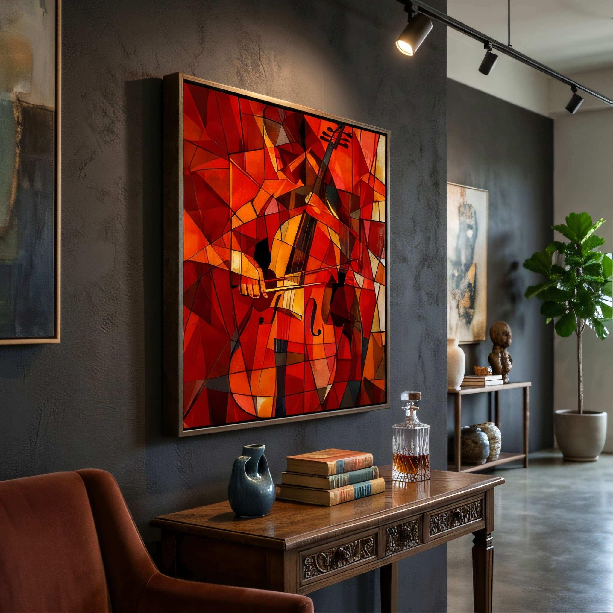 Cubism Cello Canvas Wall Art | Red Orange Abstract Music Painting | Wooden stretcher frame