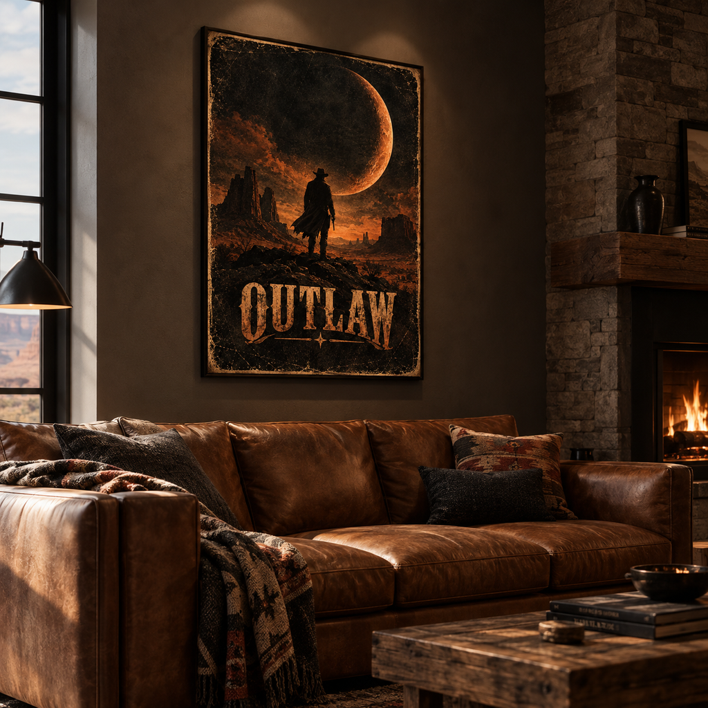 Cowboy wall art print in black and burnt orange with bold vintage OUTLAW lettering